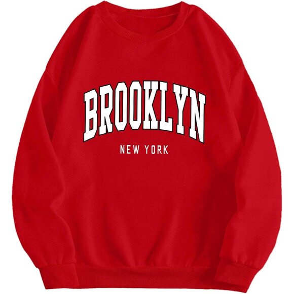 ⚡Women Red Brooklyn Imported Graphic Crewneck Long Sleeve Pullover Sweatshirt - Picture 1 of 5